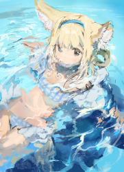 Rule 34 | 1girl, absurdres, animal ear fluff, animal ears, anmi, arknights, bikini, blonde hair, blue bikini, blue eyes, blue hairband, braid, braided hair rings, bubble, commentary, cowboy shot, fox ears, hair rings, hairband, highres, infection monitor (arknights), innertube, looking at viewer, material growth, oripathy lesion (arknights), partially submerged, reclining, sketch, solo, suzuran (arknights), swim ring, swimsuit, unfinished