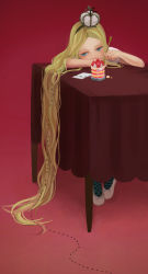 Rule 34 | ant, asymmetrical legwear, blonde hair, blue eyes, bug, cake, crown, food, fruit, insect, kb, kirobaito, long hair, mismatched legwear, original, pastry, polka dot, simple background, solo, strawberry, striped, table, very long hair