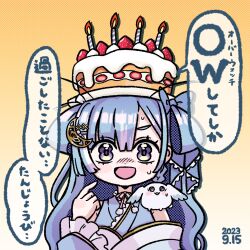 Rule 34 | 1girl, :d, amaui, animal, animal on shoulder, birthday cake, blue bow, blue hair, blue kimono, blunt bangs, blush, bow, braid, cake, candle, commentary request, crescent, crescent hair ornament, dated, food, food on head, frilled sleeves, frills, gradient background, hair bow, hair ornament, highres, japanese clothes, kimono, long hair, long sleeves, looking at viewer, medium bangs, nanashi inc., neck ribbon, object on head, off shoulder, open mouth, orange background, pink ribbon, pointing, pointing at self, purple eyes, rabbit, ribbon, side braid, smile, solo, strawberry shortcake, tenten (tensei illust), translation request, upper body, virtual youtuber