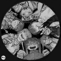 Rule 34 | from below, greyscale, highres, holding, holding spoon, looking at viewer, medium hair, mettaflix, monochrome, multiple girls, open mouth, original, shirt, smile, spoon, twintails