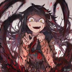 Rule 34 | 1girl, absurdly long hair, ahoge, black hair, black jacket, blood, blood on clothes, blood on face, brown sweater, copyright name, dairoku ryouhei, hair weapon, hetza (hellshock), jacket, long hair, looking at viewer, necktie, open mouth, red necktie, school uniform, shaded face, sharp teeth, shirt, smile, solo, sweater, tearing up, teeth, trembling, upper body, very long hair, white shirt, yellow eyes
