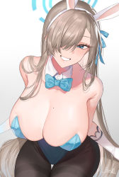 Rule 34 | 1girl, animal ears, asuna (blue archive), asuna (bunny) (blue archive), bare shoulders, blue archive, blue bow, blue bowtie, blue eyes, blue leotard, blue ribbon, bow, bowtie, breasts, brown pantyhose, cleavage, collarbone, detached collar, fake animal ears, from above, gloves, gradient background, grin, hair over one eye, hair ribbon, halo, highleg, highleg leotard, highres, huge breasts, leotard, light brown hair, long hair, looking at viewer, mole, mole on breast, official alternate costume, panon 14, pantyhose, playboy bunny, rabbit ears, ribbon, simple background, sitting, smile, solo, strapless, strapless leotard, swept bangs, thigh gap, thighband pantyhose, traditional bowtie, very long hair, white gloves