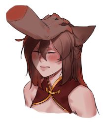 Rule 34 | 1girl, animal ears, bare shoulders, blush, brown hair, disembodied hand, closed eyes, eyes visible through hair, hair between eyes, headpat, heart, less, long hair, original, portrait, shadow, solo, solo focus, sweat, white background