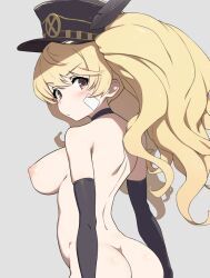 Rule 34 | 1girl, ass, back, bandaid, bandaid on face, black choker, black gloves, black hat, blonde hair, blush, breasts, brown hair, choker, closed mouth, gloves, granblue fantasy, grey background, hat, kiikii (kitsukedokoro), large breasts, long hair, looking at viewer, looking back, military hat, monika weisswind, nipples, nude, sideboob, simple background, solo, twintails, wavy hair