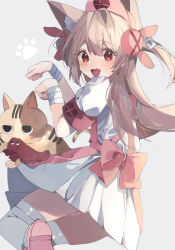 Rule 34 | &gt; &lt;, 1girl, :d, animal ear fluff, animal ears, apron, armband, bandaged wrist, bandages, cat, cat ears, commentary request, dress, fang, from behind, grey background, hair between eyes, hair ornament, hat, higa (gominami), highres, kemonomimi mode, light brown hair, long hair, looking back, mouth hold, natori sana, nurse cap, open mouth, paw pose, pink apron, pink footwear, pink hat, puffy short sleeves, puffy sleeves, rabbit hair ornament, red armband, red eyes, sana channel, short sleeves, shrimp, simple background, smile, solo, thighhighs, two side up, virtual youtuber, white dress, white thighhighs