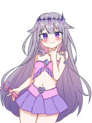 Rule 34 | 1girl, blush, breasts, chest jewel, clothing cutout, colored inner hair, crown, finger to cheek, gba jasjas, hair flaps, highres, hololive, hololive english, jewel under eye, koseki bijou, long hair, looking at viewer, magical girl, multicolored hair, navel, navel cutout, purple eyes, purple hair, skirt, small breasts, smile, very long hair, virtual youtuber, wand, white background