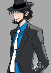 Rule 34 | 1boy, beard, black hair, black hat, black jacket, blue shirt, closed mouth, collared shirt, dated, facial hair, fedora, grey background, grey eyes, hair over one eye, hand in pocket, hat, highres, jacket, jigen daisuke, long sideburns, long sleeves, looking at viewer, lupin iii, male focus, michio (hara78994098), necktie, shirt, short hair, sideburns, signature, simple background, smile, solo, upper body, white necktie