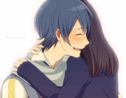 Rule 34 | 1boy, 1girl, black hair, bloom, blue hair, blue shirt, blush, coat, closed eyes, from side, hand on another&#039;s neck, hand on shoulder, hug, kaito (vocaloid), leaning forward, long hair, master (vocaloid), nokuhashi, scarf, shirt, short hair, simple background, smile, straight hair, twitter username, vocaloid, white background