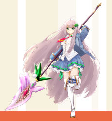 Rule 34 | 1girl, aaron (pixiv), blue skirt, boots, expressionless, fatsia (flower knight girl), flower knight girl, full body, green eyes, hair ornament, jacket, leaf hair ornament, long hair, looking at viewer, name connection, necktie, object namesake, polearm, red necktie, shirt, skirt, solo, spear, standing, standing on one leg, thigh boots, thighhighs, very long hair, weapon, white footwear, white hair, white shirt, white thighhighs, yatsude (flower knight girl)