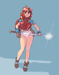 Rule 34 | 1girl, armor, bag, blue eyes, blue gloves, blue headband, boots, breastplate, brown footwear, elf, fingerless gloves, fingernails, full body, gloves, headband, highleg, highleg leotard, holding, holding sword, holding weapon, jewelry, leotard, long hair, looking to the side, mail (popful mail), money bag, noyemik, pauldrons, pointy ears, popful mail, red hair, shadow, shoulder armor, simple background, solo, sword, thighs, walking, weapon