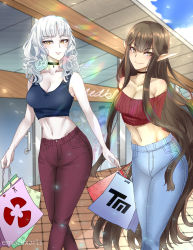 Rule 34 | 2girls, absurdres, bare shoulders, black hair, breasts, carmilla (fate), cleavage, denim pants, emarex96, fate/apocrypha, fate/grand order, fate (series), highres, long hair, looking at viewer, multiple girls, navel, pants, pointy ears, semiramis (fate), smile, split mouth, very long hair, white hair