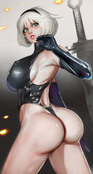 Rule 34 | 1girl, absurdres, adapted costume, ass, bare shoulders, black gloves, breasts, covered erect nipples, elbow gloves, gloves, green eyes, hairband, highres, huge ass, large breasts, leotard, lips, nier:automata, nier (series), parted lips, randy (awesomevillage), short hair, sideboob, silver hair, solo, sword, thick thighs, thighs, weapon, wide hips, 2b (nier:automata)