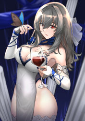 Rule 34 | 1girl, azur lane, bare shoulders, blue nails, breasts, bug, butterfly, china dress, chinese clothes, cleavage, collarbone, commentary request, covered navel, cup, dress, drinking glass, elbow gloves, fingerless gloves, gloves, grey hair, hair between eyes, hand up, highres, holding, holding cup, insect, large breasts, long hair, looking at viewer, mole, mole under eye, nail polish, oregano (olgn eao), parted lips, red eyes, saint-louis (azur lane), saint-louis (holy knight&#039;s resplendence) (azur lane), saint-louis (holy knight&#039;s resplendence) (azur lane), sleeveless, sleeveless dress, solo, thighhighs, thighs, white dress, white gloves, white thighhighs, wine glass