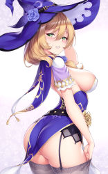 Rule 34 | 1girl, ass, black thighhighs, blue flower, blush, breasts, cowboy shot, dress, flower, from behind, garter straps, genshin impact, golden rose, green eyes, hair between eyes, hair over shoulder, hat, hat flower, highres, huge ass, ivenglynn, large breasts, lisa (genshin impact), long hair, looking at viewer, looking to the side, parted lips, purple dress, purple flower, purple hat, purple rose, rose, short sleeves, sideboob, smile, solo, standing, thighhighs, witch hat