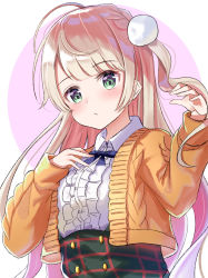 Rule 34 | 1girl, ahoge, blue bow, bow, braid, cardigan, center frills, closed mouth, collared shirt, commentary request, frills, green skirt, hands up, high-waist skirt, highres, indie virtual youtuber, light brown hair, long hair, long sleeves, looking at viewer, natsuki (natukituki), open cardigan, open clothes, orange cardigan, pink background, pink hair, puffy long sleeves, puffy sleeves, shigure ui (vtuber) (casual), shigure ui (vtuber), shirt, skirt, sleeves past wrists, solo, two-tone background, very long hair, virtual youtuber, white background, white shirt