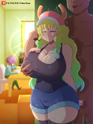 Rule 34 | ..., 1girl, 2boys, grabbing another&#039;s breast, breasts, chair, clothed female nude male, clothes, english text, fake face, grabbing, grabbing from behind, groping, hat, highres, horns, huge breasts, huge penis, kobayashi-san chi no maidragon, lucoa (maidragon), magatsuchi shouta, multiple boys, netorare, nude, open mouth, penis, sitting, speech bubble, stealth, testicles, thighhighs, trembling, wide hips