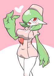 Rule 34 | 1girl, arm at side, blush, bob cut, breasts, clothed pokemon, colored skin, creatures (company), dress, female focus, game freak, gardevoir, gen 3 pokemon, green hair, green skin, hair over one eye, hand up, happy, hat, heart, kazamidoririnn, looking at viewer, medium breasts, multicolored skin, nintendo, nurse, nurse cap, one eye covered, open mouth, personification, pink background, pink dress, pink hat, pokemon, pokemon (creature), red eyes, shiny skin, short dress, short hair, short sleeves, simple background, smile, solo, standing, thighs, two-tone background, two-tone skin, variant set, white skin
