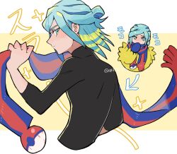Rule 34 | 1boy, aqua hair, arrow (symbol), black shirt, blue mittens, commentary request, creatures (company), game freak, grusha (pokemon), highres, holding, holding clothes, holding scarf, jacket, long hair, looking at viewer, makoto 139, male focus, mittens, multiple views, nintendo, pokemon, pokemon sv, scarf, shirt, sleeves past elbows, striped clothes, striped scarf, twitter username, watermark, yellow jacket