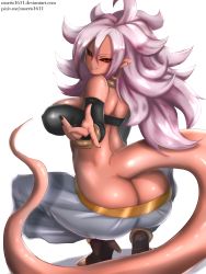 Rule 34 | 1girl, absurdres, android 21, ass, bare shoulders, black sclera, breasts, butt crack, colored sclera, colored skin, dragon ball, dragon ball fighterz, earrings, fingernails, from behind, full body, grin, high heels, highres, jewelry, large breasts, long fingernails, long hair, looking at viewer, majin android 21, morris1611, nail polish, pants, pink skin, red eyes, sharp fingernails, shiny skin, sideboob, silver hair, smile, solo, squatting, tail, watermark, web address