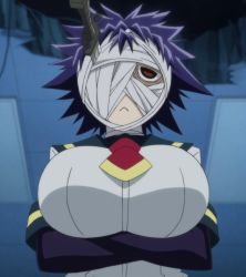 Rule 34 | 1girl, :&lt;, bandages, bodysuit, bodysuit under clothes, breast hold, breasts, ceiling, crossed arms, female focus, from below, highres, indoors, knife, kurokami kujira, large breasts, latex, medaka box, naze youka, one eye covered, purple hair, red eyes, school uniform, screencap, short hair, solo, stitched, third-party edit, upper body
