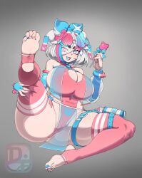 Rule 34 | belt, blue hair, breasts, candy, curvy, difman, feet, food, foot focus, highres, huge breasts, leotard, lollipop, multicolored eyes, multicolored hair, nail polish, pink hair, plump, source request, tagme, thick thighs, thigh belt, thigh strap, thighhighs, thighs, toeless legwear, white hair