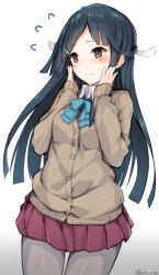 Rule 34 | 10s, 1girl, absurdres, black hair, blush, bow, bowtie, brown eyes, cardigan, commentary request, cowboy shot, flying sweatdrops, grey pantyhose, hair ornament, hairclip, hand on own face, hands on own cheeks, hands on own face, hayashimo (kancolle), highres, kantai collection, katoroku, long hair, long sleeves, pantyhose, pleated skirt, skirt, solo, twitter username