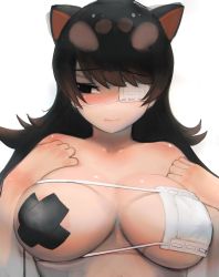 Rule 34 | 1girl, animal ears, asymmetrical clothes, australian devil (kemono friends), bikini, black eyes, black hair, blush, breasts, breasts apart, brown eyes, closed mouth, colored inner hair, covered erect nipples, embarrassed, empty eyes, extra ears, eyepatch, eyepatch bikini, furrowed brow, half-closed eye, hands up, highres, kemono friends, large breasts, long hair, looking to the side, medical eyepatch, multicolored hair, nose blush, one eye covered, parted lips, shibori kasu, solo, strapless, strapless bikini, swimsuit, tasmanian devil ears, tearing up, two-tone hair, underboob, upper body