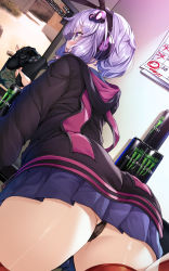 Rule 34 | 1girl, ass, black hoodie, black panties, blue skirt, blush, calendar (object), commentary request, cosplay, energy drink, from behind, hair ornament, headphones, highres, hood, hoodie, indoors, kantai collection, open mouth, panties, playstation controller, pleated skirt, purple eyes, purple hair, shimakaze (kancolle), shimakaze (kancolle) (cosplay), short hair, skirt, solo, striped clothes, striped thighhighs, tearing up, tears, television, thighhighs, thighs, thong, torisan, underwear, vocaloid, yuzuki yukari