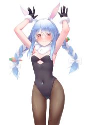 Rule 34 | 1girl, animal ear fluff, animal ears, armpits, arms up, black gloves, black leotard, black pantyhose, blue hair, blush, braid, breasts, carrot hair ornament, cleavage, clenched teeth, covered navel, don-chan (usada pekora), food-themed hair ornament, fur-trimmed gloves, fur scarf, fur trim, gloves, hair ornament, highres, hikimayu, hololive, ichi-go, leotard, long hair, looking at viewer, multicolored hair, orange eyes, pantyhose, playboy bunny, rabbit-shaped pupils, rabbit ears, rabbit girl, scarf, short eyebrows, simple background, small breasts, smile, solo, strapless, strapless leotard, swept bangs, symbol-shaped pupils, teeth, thick eyebrows, twin braids, twintails, two-tone hair, usada pekora, usada pekora (1st costume), virtual youtuber, white background, white hair, white scarf