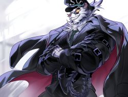 Rule 34 | 1boy, animal ears, ao (chung0u0), bara, belt, black coat, black gloves, black headwear, black pants, black suit, coat, crossed arms, dislyte, ear piercing, fangs, formal, furry, furry male, gloves, glowing, glowing eyes, green necktie, hashtag-only commentary, highres, jin qiu (ru shou) (dislyte), looking at viewer, male focus, necktie, pants, piercing, shirt, smile, standing, strap, suit, sunglasses, tiger boy, tiger ears, tiger stripes, whip, white background, white shirt, yellow eyes