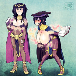 Rule 34 | 2girls, :c, armor, bangle, bent over, blush, book, bracelet, breast envy, breast expansion, breasts, bridal gauntlets, cape, cleavage, cosplay, dark mage (fire emblem awakening), detached collar, fire emblem, fire emblem awakening, grin, hat, high heels, huge breasts, jewelry, large breasts, magic, morgan (female) (fire emblem), morgan (fire emblem), mother and daughter, multiple girls, my pet tentacle monster, nintendo, nipples, open book, pauldrons, pelvic curtain, pigeon-toed, red eyes, sagging breasts, shoulder armor, smile, standing, sweatdrop, tharja (cosplay), tharja (fire emblem), tiara