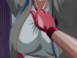 Rule 34 | 1girl, animated, animated gif, black headwear, blue hair, bouncing breasts, breasts, clenched teeth, commentary request, discipline, green eyes, hat, jacket, large breasts, long hair, nipples, open clothes, open jacket, otokawa saori, source request, teeth, torn clothes