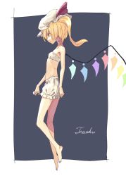 Rule 34 | 1girl, bare arms, bare shoulders, barefoot, bionekojita, blonde hair, bloomers, character name, flandre scarlet, floating, full body, hat, hat ribbon, mob cap, profile, red eyes, red ribbon, ribbon, skinny, solo, touhou, underwear, underwear only, white hat, wings