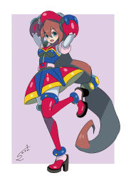Rule 34 | 1girl, absurdly long hair, adapted costume, android, belt, beret, blush, boots, border, breasts, brown hair, dress, full body, hair between eyes, hand on headwear, hand on own head, hat, high heels, highres, iris (mega man), leg up, long hair, looking at viewer, looking to the side, low-tied long hair, medium breasts, mega man (series), mega man x4, mega man x (series), open mouth, outside border, red hat, signature, solo, standing, sumomo, teeth, thigh boots, thighhighs, very long hair, white border