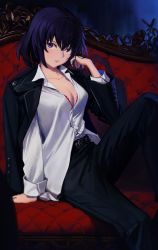 Rule 34 | 08191224k, 1girl, absurdres, arm at side, arm support, belt, black hair, black jacket, black pants, bob cut, breasts, chain sumeragi, cleavage, collarbone, collared shirt, couch, dark, dress shirt, feet out of frame, hand up, highres, indoors, jacket, jacket on shoulders, kekkai sensen, long sleeves, looking at viewer, medium breasts, outstretched arm, pants, parted lips, partially unbuttoned, purple eyes, purple hair, shirt, shirt partially tucked in, short hair, sitting, sleeves rolled up, solo, white shirt