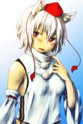 Rule 34 | 1girl, animal ears, bare shoulders, blush, breasts, detached sleeves, gradient background, inubashiri momiji, looking away, no bra, open mouth, pom pom (clothes), red eyes, sachi (pixiv1644992), sachi (y0sh1sach1), short hair, sideboob, silver hair, solo, touhou, wolf ears