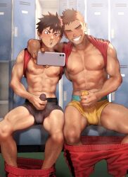 Rule 34 | 2boys, abs, absurdres, bara, bare pectorals, black hair, black male underwear, blush, brown hair, bulge, clothes lift, clothes pull, erection, erection under clothes, highres, holding, holding phone, large pectorals, male focus, male masturbation, male underwear, masturbation, multiple boys, muscular, muscular male, navel, nipples, open mouth, original, pectorals, phone, red shirt, red shorts, shiba yuuji, shirt, shirt behind neck, shirt lift, short hair, shorts, shorts pull, sitting, smile, teeth, thick thighs, thighs, underwear, yaoi, yellow male underwear