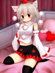 Rule 34 | 1girl, akakabu (obsidian910), animal ears, bare shoulders, black thighhighs, blush, breasts, detached sleeves, hat, highres, inubashiri momiji, midriff, miniskirt, navel, pom pom (clothes), red eyes, ribbon-trimmed sleeves, ribbon trim, short hair, silver hair, sitting, skirt, solo, suigetsu (watermoon-910), tail, thighhighs, tokin hat, touhou, wide sleeves, wolf ears, wolf tail