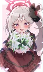 Rule 34 | 1girl, black scrunchie, blue archive, blurry, blurry background, blush, border, bouquet, commentary, dot nose, flower, frills, grey hair, hair flower, hair ornament, hair scrunchie, halo, highres, holding, holding bouquet, long hair, looking at viewer, mutsuki (blue archive), open mouth, outside border, petals, pointy ears, purple eyes, red flower, red halo, red skirt, scrunchie, side ponytail, skirt, solo, white border, white flower, xeneca