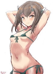 Rule 34 | 1girl, arms behind head, bikini, breasts, brown eyes, brown hair, commentary request, cowboy shot, front-tie bikini top, front-tie top, fuji (pixiv24804665), green bikini, headband, highres, kantai collection, micro bikini, short hair, short hair with long locks, side-tie bikini bottom, simple background, small breasts, smile, solo, swimsuit, taihou (kancolle), white background