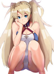 Rule 34 | 1girl, absurdres, bare shoulders, blonde hair, blue eyes, bradamante (fate), bradamante (first ascension) (fate), braid, breasts, cleavage, commentary, covered erect nipples, fate/grand order, fate (series), french braid, highres, kirani, large breasts, leotard, long hair, looking at viewer, medium breasts, plaid, plaid background, smile, solo, squatting, twintails, very long hair, white background