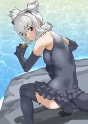 Rule 34 | 1girl, alaskan sea otter (kemono friends), animal ears, ass, bare shoulders, black eyes, breasts, commentary, elbow gloves, extra ears, foot out of frame, frilled one-piece swimsuit, frills, from behind, fur collar, gloves, green one-piece swimsuit, grey thighhighs, hair between eyes, hand on own knee, highres, kemono friends, large breasts, looking at viewer, looking back, no shoes, one-piece swimsuit, otter ears, otter girl, otter tail, rock, short hair, short twintails, solo, swimsuit, tail, tanabe (fueisei), thighhighs, twintails, water, white hair