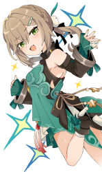Rule 34 | 1girl, :d, absurdres, awe (adorableduckyy), bare shoulders, black dress, black footwear, black sleeves, boots, braid, breasts, brown hair, dress, green eyes, hair between eyes, high heel boots, high heels, highres, holding, honkai: star rail, honkai (series), layered sleeves, long hair, long sleeves, looking at viewer, looking to the side, low twintails, open mouth, qingque (honkai: star rail), shoe soles, simple background, sleeves past wrists, small breasts, smile, solo, sparkle, twintails, white background
