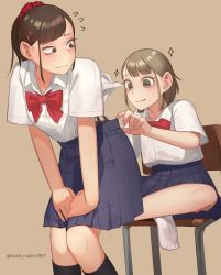 Rule 34 | 2girls, adjusting another&#039;s clothes, android, arm support, bent over, blue skirt, bow, brown eyes, brown hair, chair, closed mouth, collared shirt, crossed legs, hair ornament, hair scrunchie, hairclip, highres, kneehighs, light brown hair, mecha-jk, mechanical parts, medium hair, meikaa, multiple girls, original, pleated skirt, ponytail, school chair, school uniform, scrunchie, shirt, short hair, simple background, sitting, skirt, socks, standing, uniform