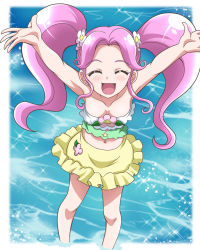 Rule 34 | 1girl, :d, arms up, bikini, blush, breasts, cleavage, closed eyes, collarbone, floating hair, flower, frilled skirt, frills, hair flower, hair ornament, hanami kotoha, hanzou, highres, long hair, mahou girls precure!, miniskirt, navel, open mouth, outstretched arms, pink hair, precure, skirt, small breasts, smile, soaking feet, solo, sparkle, standing, stomach, strapless, strapless bikini, swimsuit, twintails, very long hair, wading, water, white flower, yellow skirt