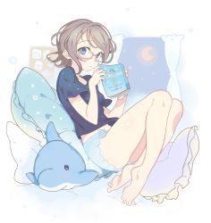 Rule 34 | 10s, 1girl, barefoot, blue eyes, blue shorts, book, commentary request, feet, frilled pillow, frills, full body, glasses, grey hair, holding, holding book, looking at viewer, love live!, love live! school idol festival, love live! sunshine!!, midriff peek, navel, pillow, rassie s, shirt, short hair, short shorts, shorts, solo, stuffed animal, stuffed dolphin, stuffed toy, t-shirt, toes, watanabe you
