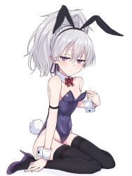 Rule 34 | 1girl, animal ears, black thighhighs, blush, breasts, darker than black, expressionless, fake animal ears, fake tail, full body, grey hair, high heels, highres, jitome, leotard, long hair, looking at viewer, nonono (mino), playboy bunny, ponytail, purple eyes, rabbit ears, rabbit tail, simple background, sitting, small breasts, solo, tail, thighhighs, wariza, white background, yin (darker than black)