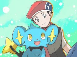 Rule 34 | 1boy, beret, black hair, blue pants, closed mouth, commentary request, creatures (company), dated, game freak, gen 4 pokemon, green background, grey eyes, hat, highres, lucas (pokemon), male focus, nintendo, pants, poke ball print, pokemon, pokemon (creature), pokemon dppt, red headwear, ryu gamori, scarf, shinx, shirt, short hair, short sleeves, signature, smile, split mouth, vest