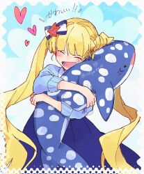 Rule 34 | 1girl, :d, ^ ^, blonde hair, blue background, blue bow, blue dress, blush, bow, bungou stray dogs, closed eyes, cowboy shot, dress, elise (bungou stray dogs), heart, long hair, long sleeves, open mouth, rinu, smile, solo, standing, stuffed animal, stuffed toy, twintails, twitter username, very long hair
