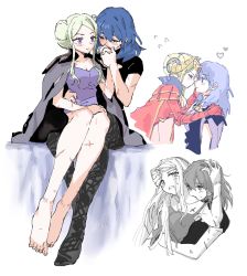 Rule 34 | 2girls, ankea (a-ramo-do), blue hair, blush, byleth (female) (fire emblem), byleth (fire emblem), closed eyes, edelgard von hresvelg, facing another, fire emblem, fire emblem: three houses, flying sweatdrops, hand on another&#039;s head, heart, highres, imminent kiss, kiss, kissing hand, long hair, looking at another, multiple girls, multiple views, nintendo, pantyhose, partially colored, purple eyes, scar, short sleeves, sitting, sitting on person, sweat, white hair, yuri